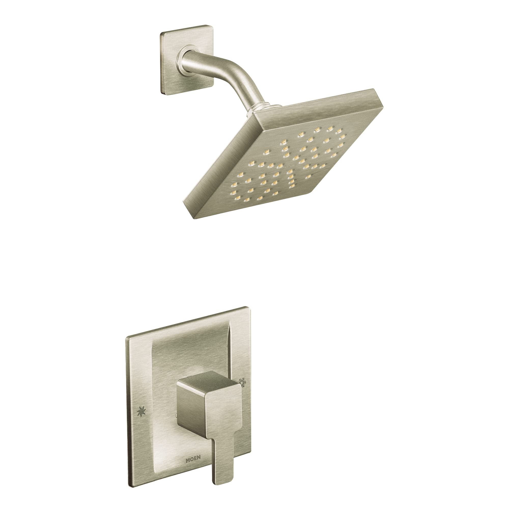 Brushed nickel shower trim kit with square showerhead, curved arm, and single-lever valve control.