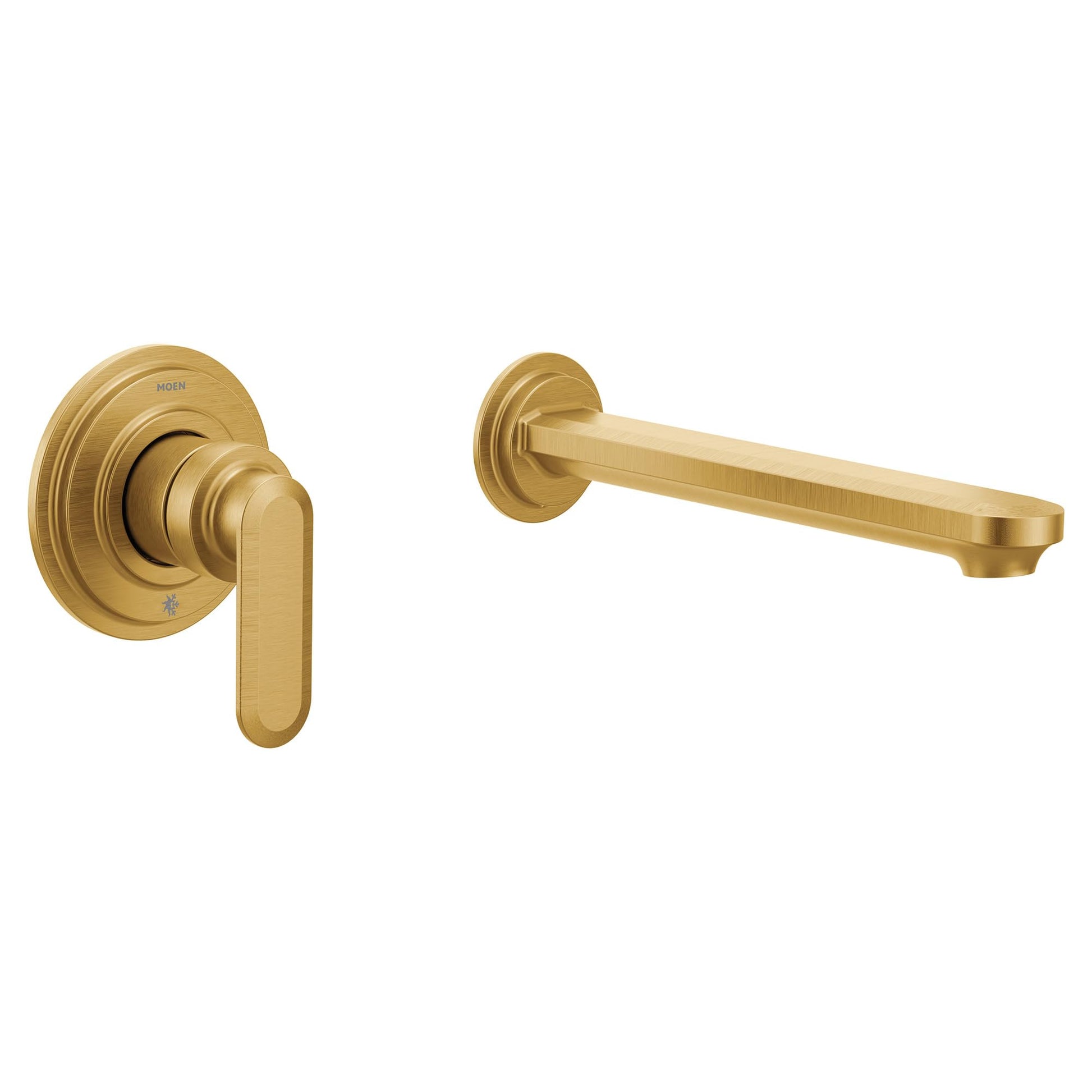 Brushed gold wall-mount tub filler with single lever handle and spout.