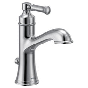 Chrome single handle bathroom sink faucet with curved spout and lever control handle.