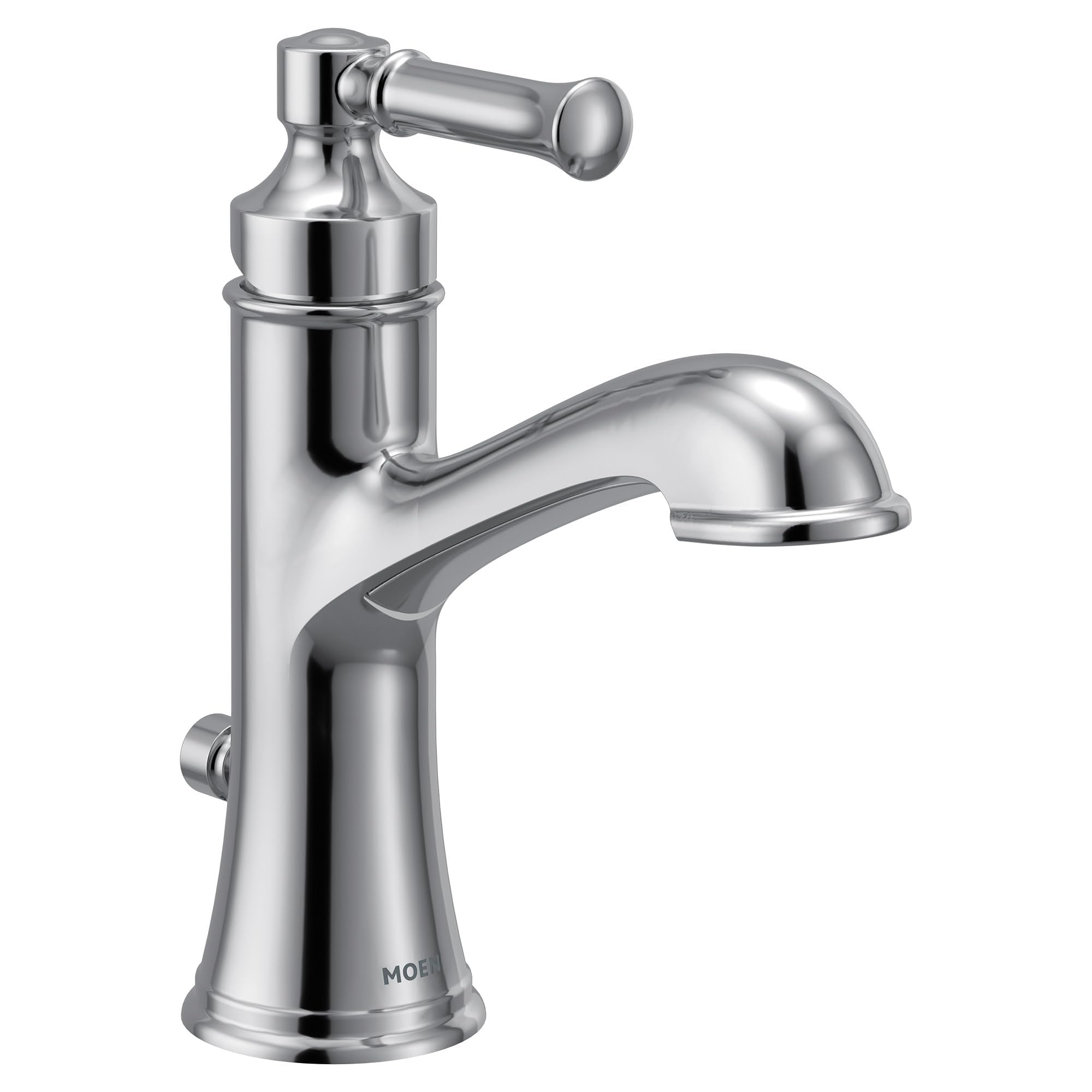 Chrome single handle bathroom sink faucet with curved spout and lever control handle.
