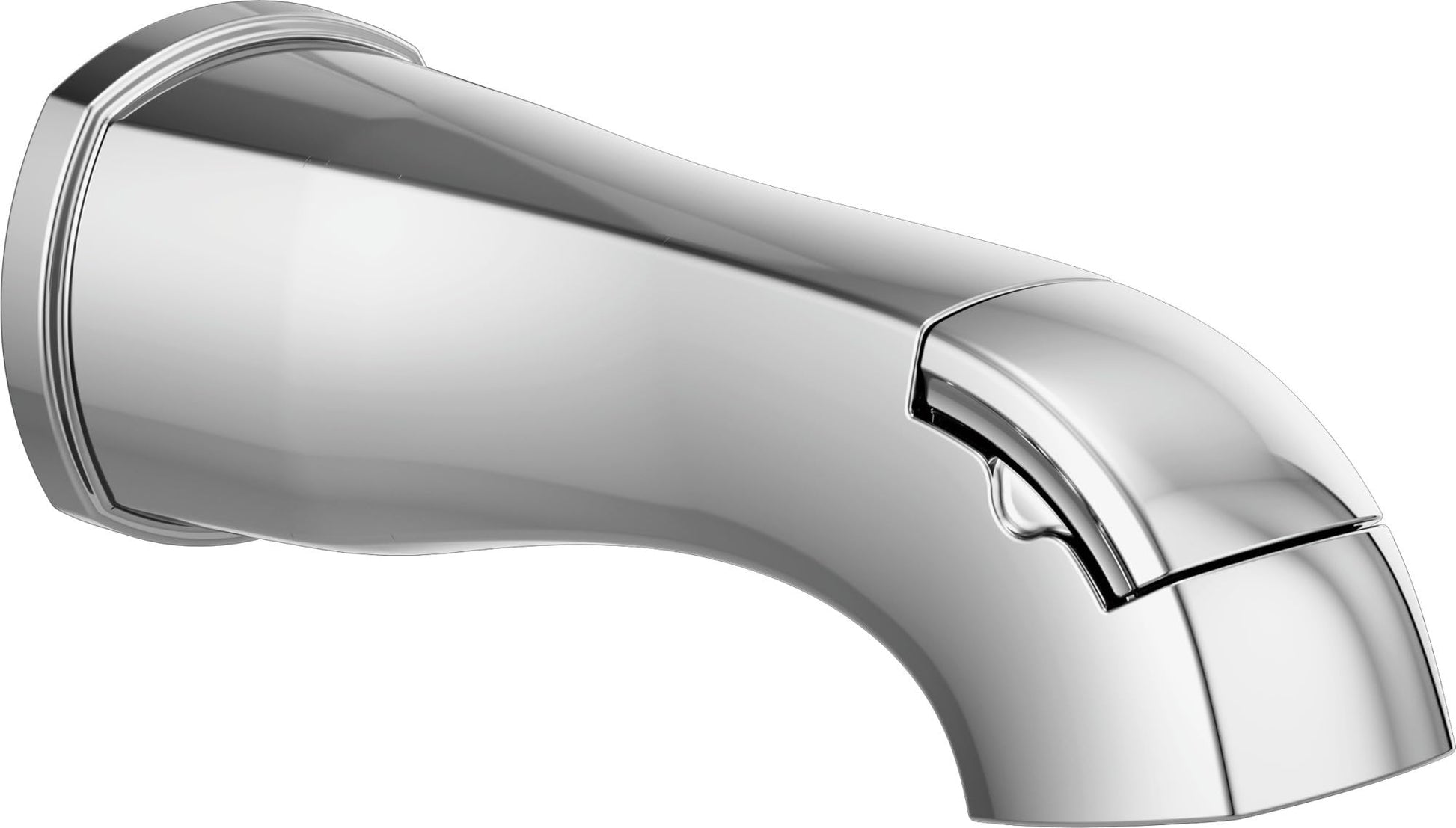 Chrome tub spout with curved tapered design and diverter lever on the end.