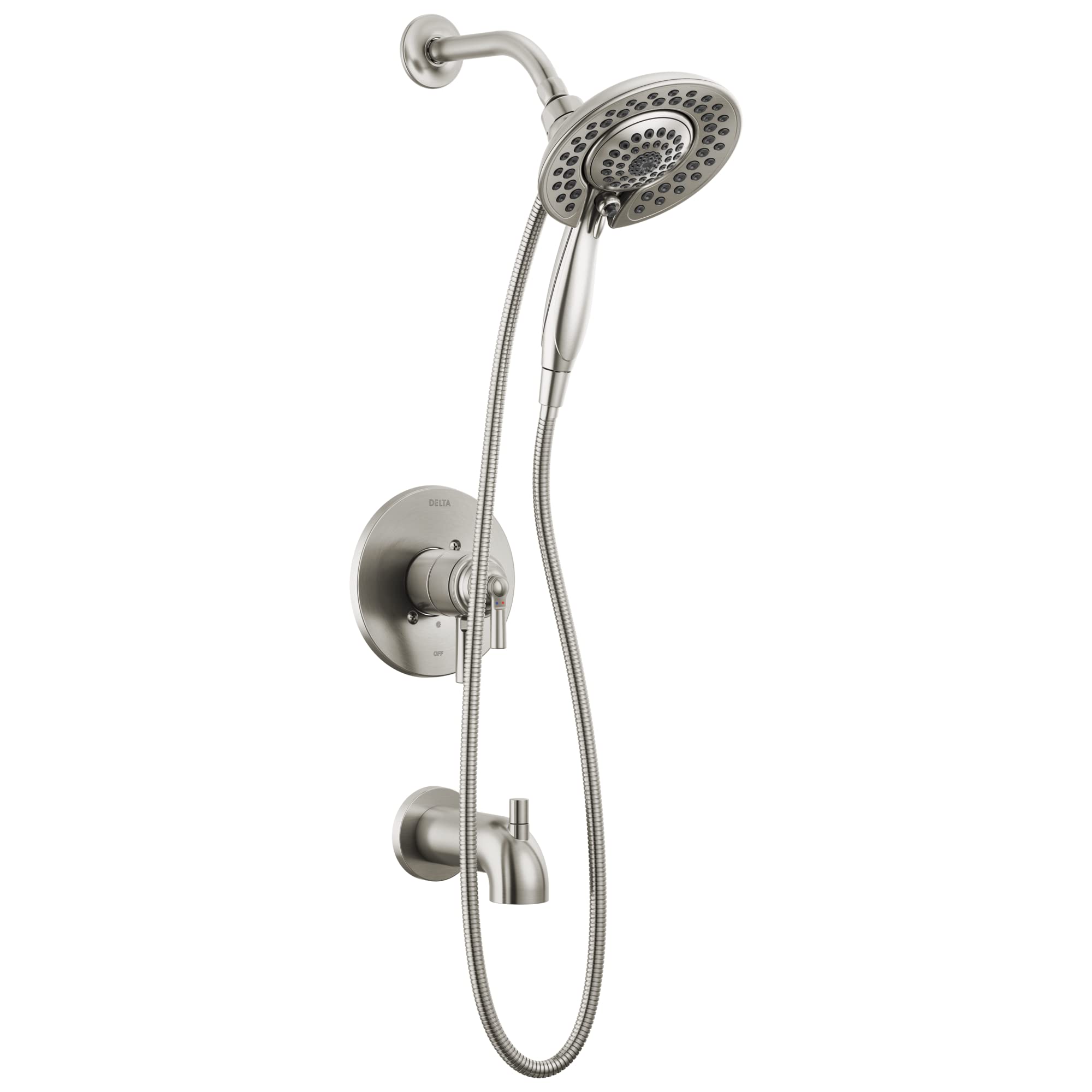 Brushed nickel tub and shower trim with dual showerheads, curved arm, handheld spray, and wall-mounted control valve.