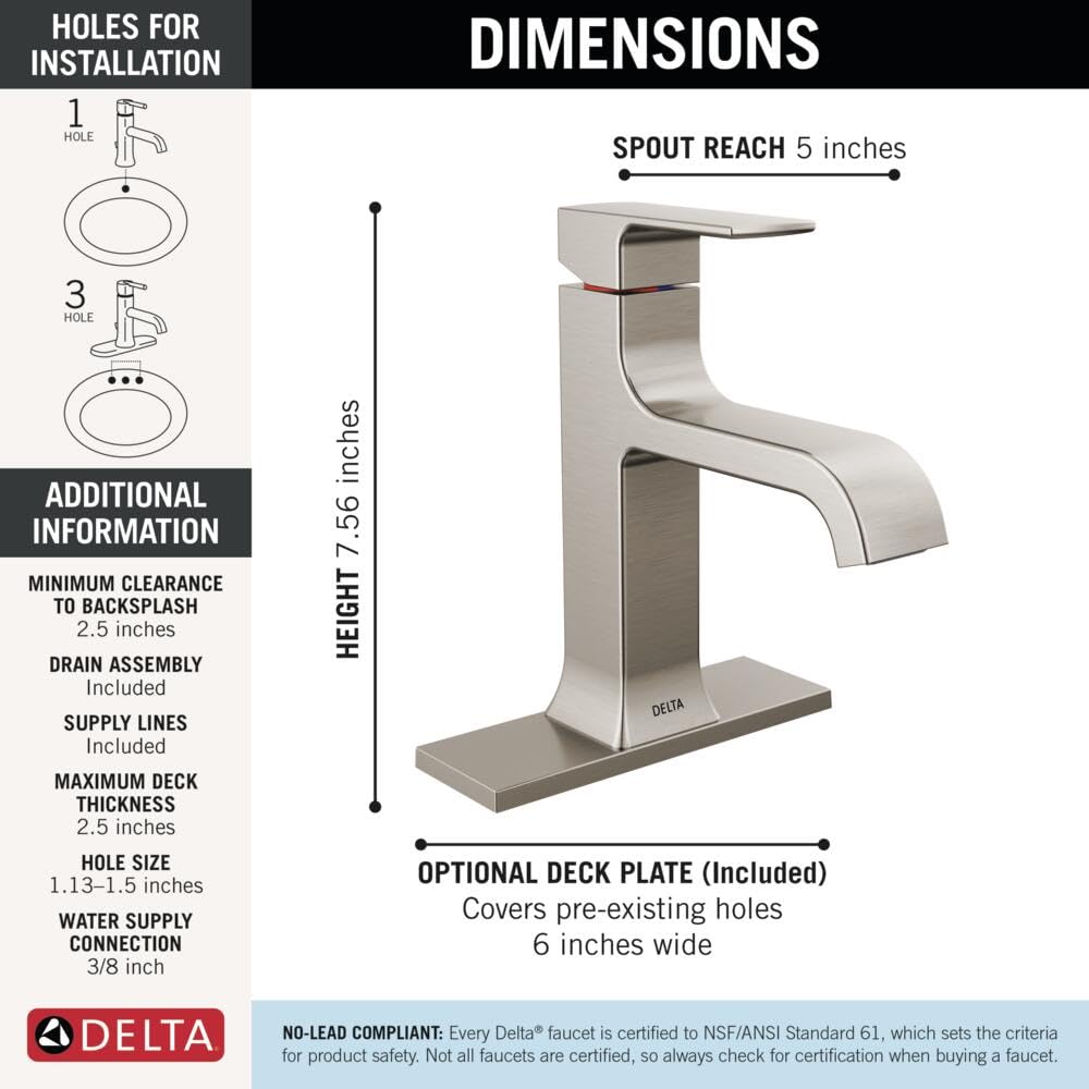 Stainless steel single handle bathroom faucet with curved spout, 7.56 inches tall, 5 inch spout reach.