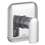 Chrome shower trim kit with single rounded handle and square escutcheon plate, Moen branding visible.