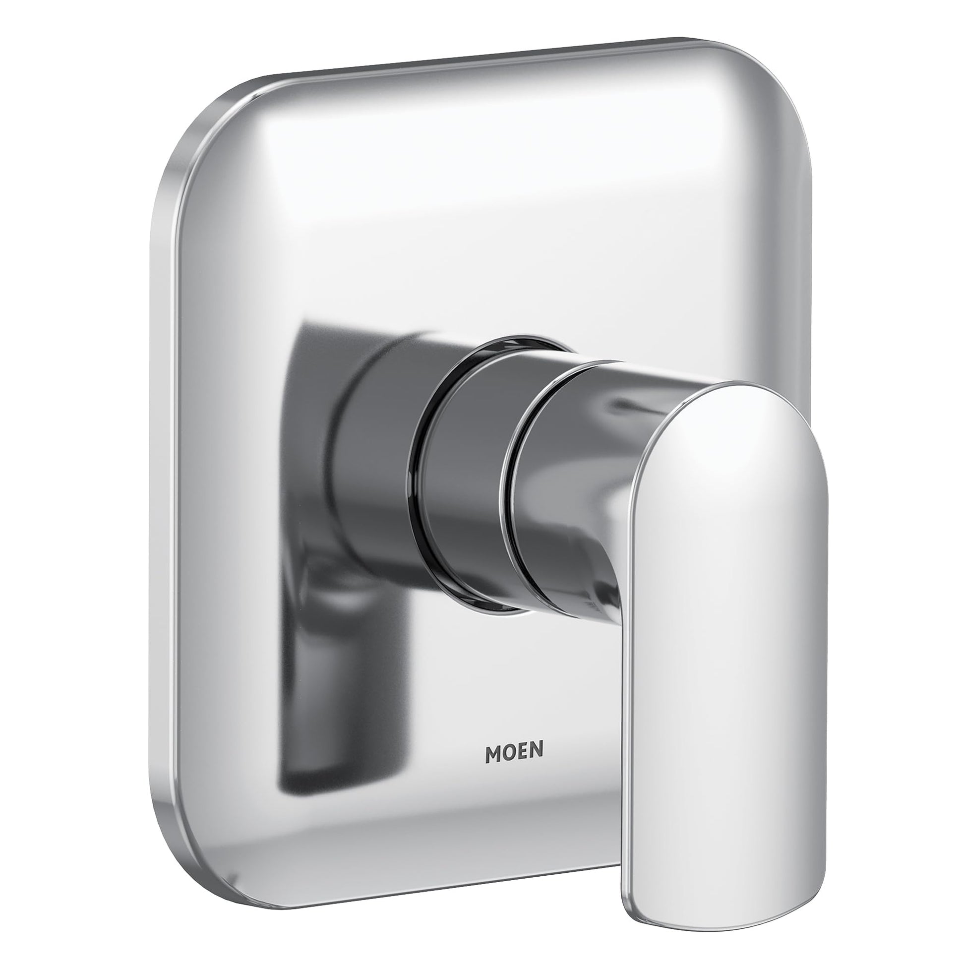 Chrome shower trim kit with single rounded handle and square escutcheon plate, Moen branding visible.