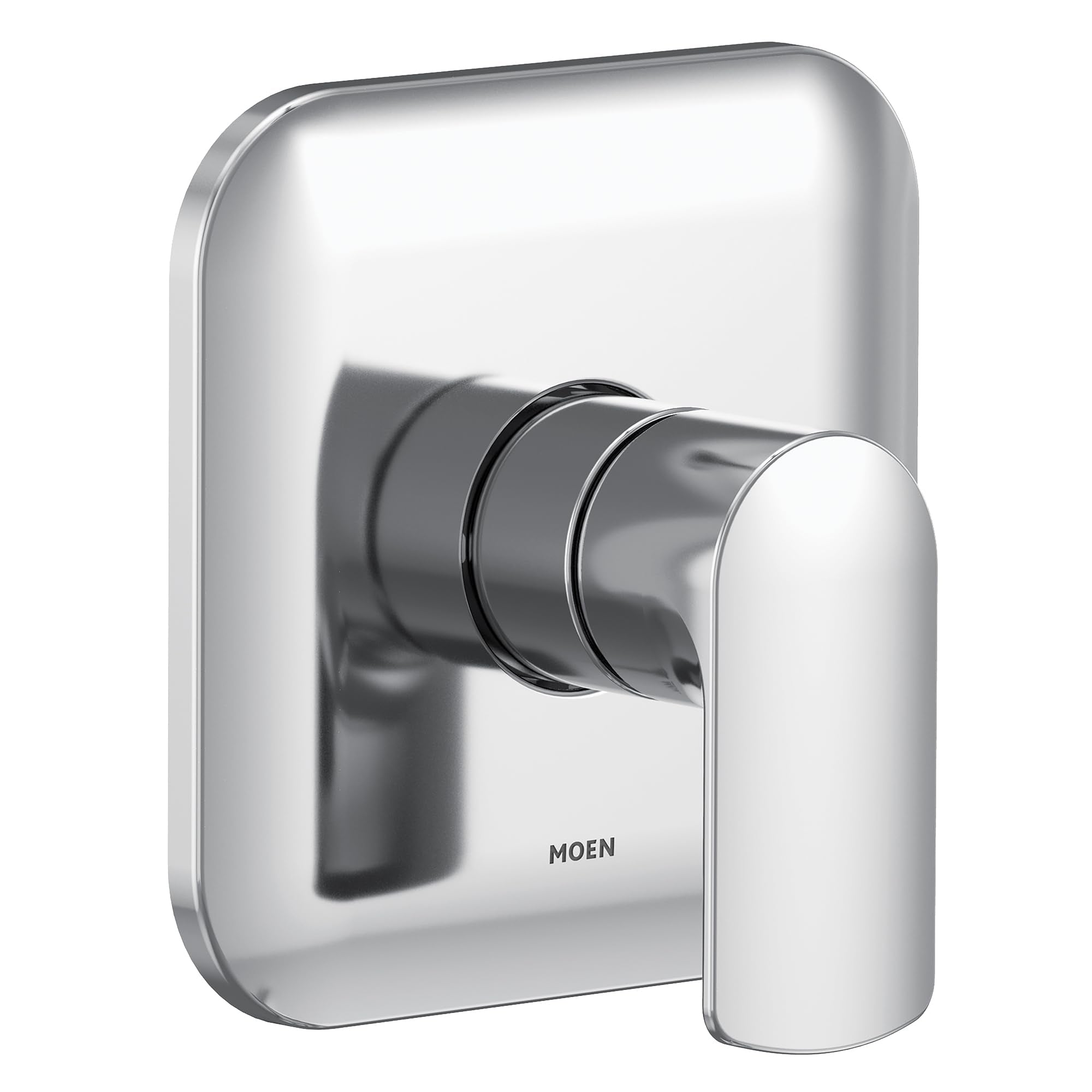 Chrome shower trim kit with single rounded handle and square escutcheon plate, Moen branding visible.