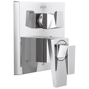 Chrome Delta Trillian shower valve trim with two handles and diverter control mounted on white background.