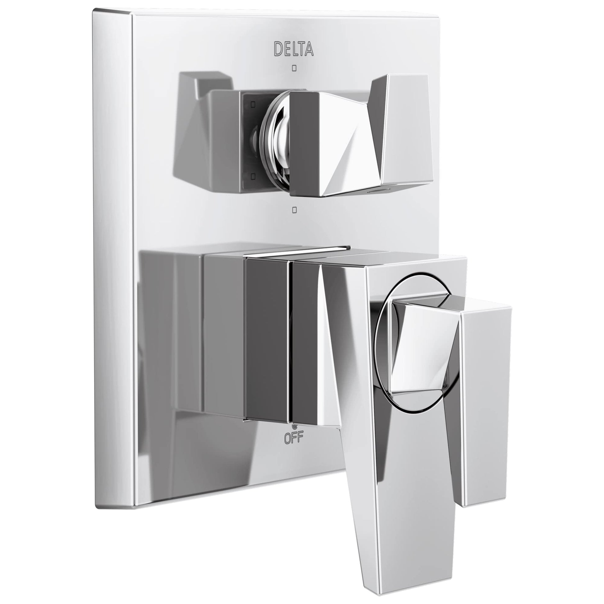 Chrome Delta Trillian shower valve trim with two handles and diverter control mounted on white background.