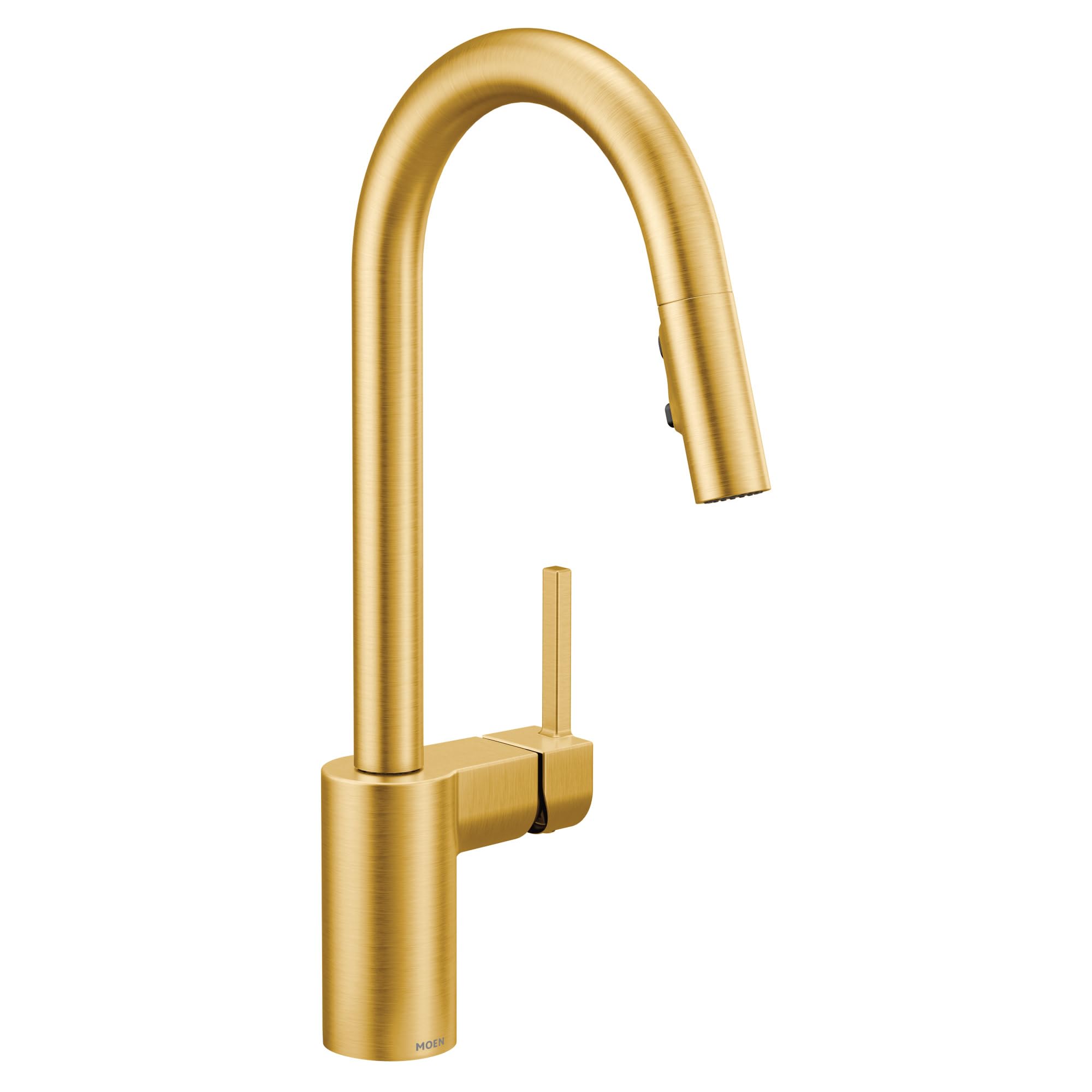Brushed gold kitchen faucet with single handle and pulldown spray head.