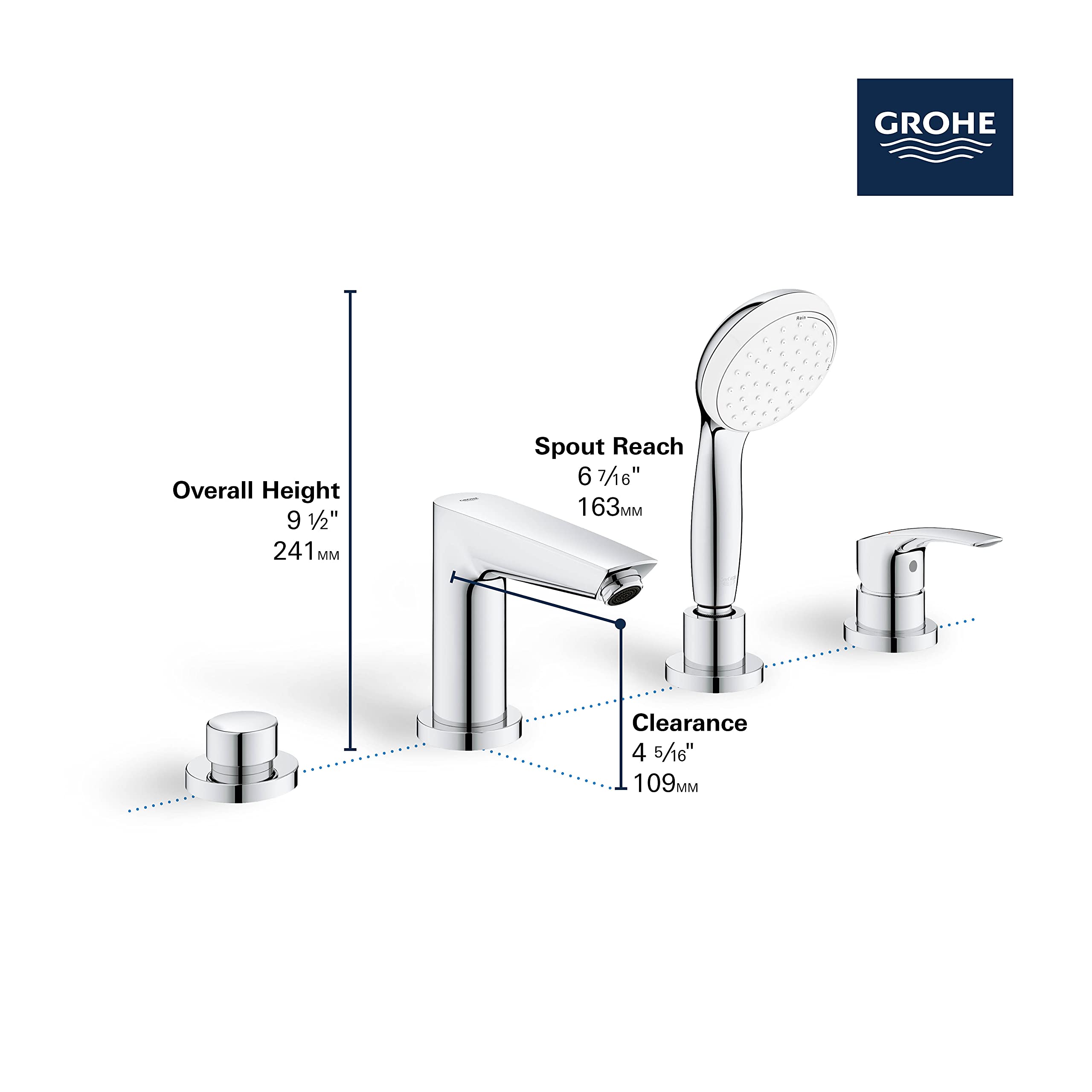 Grohe Eurosmart brushed nickel deck mount roman tub faucet with single handle, hand shower, and measurement specifications.