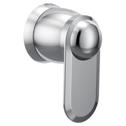 Chrome lever handle for shower valve with spherical knob and rectangular escutcheon plate.