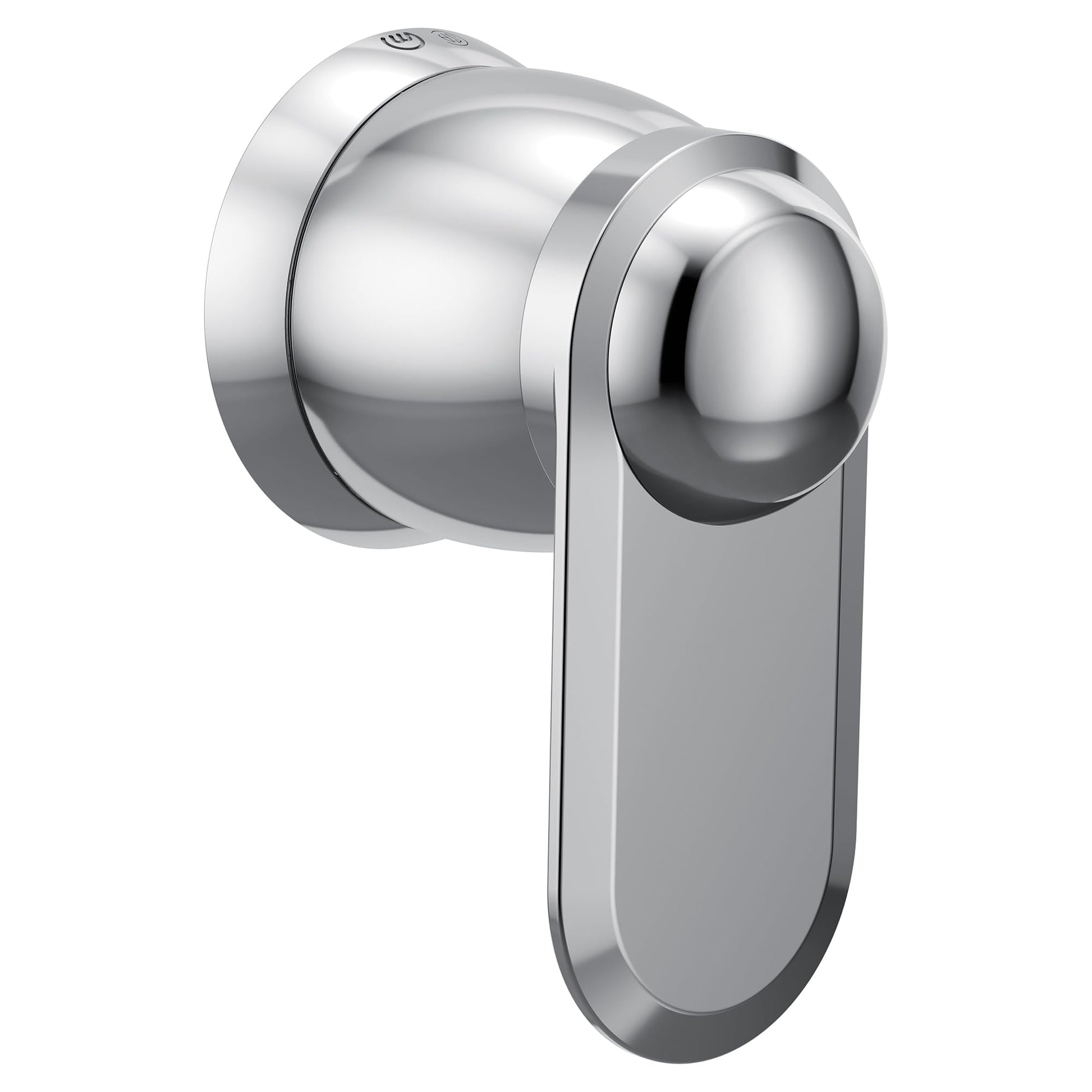 Chrome lever handle for shower valve with spherical knob and rectangular escutcheon plate.