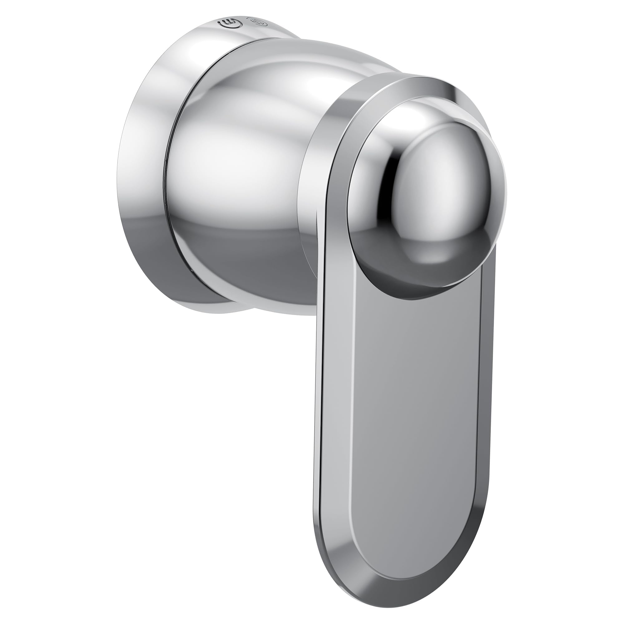 Chrome lever handle for shower valve with spherical knob and rectangular escutcheon plate.