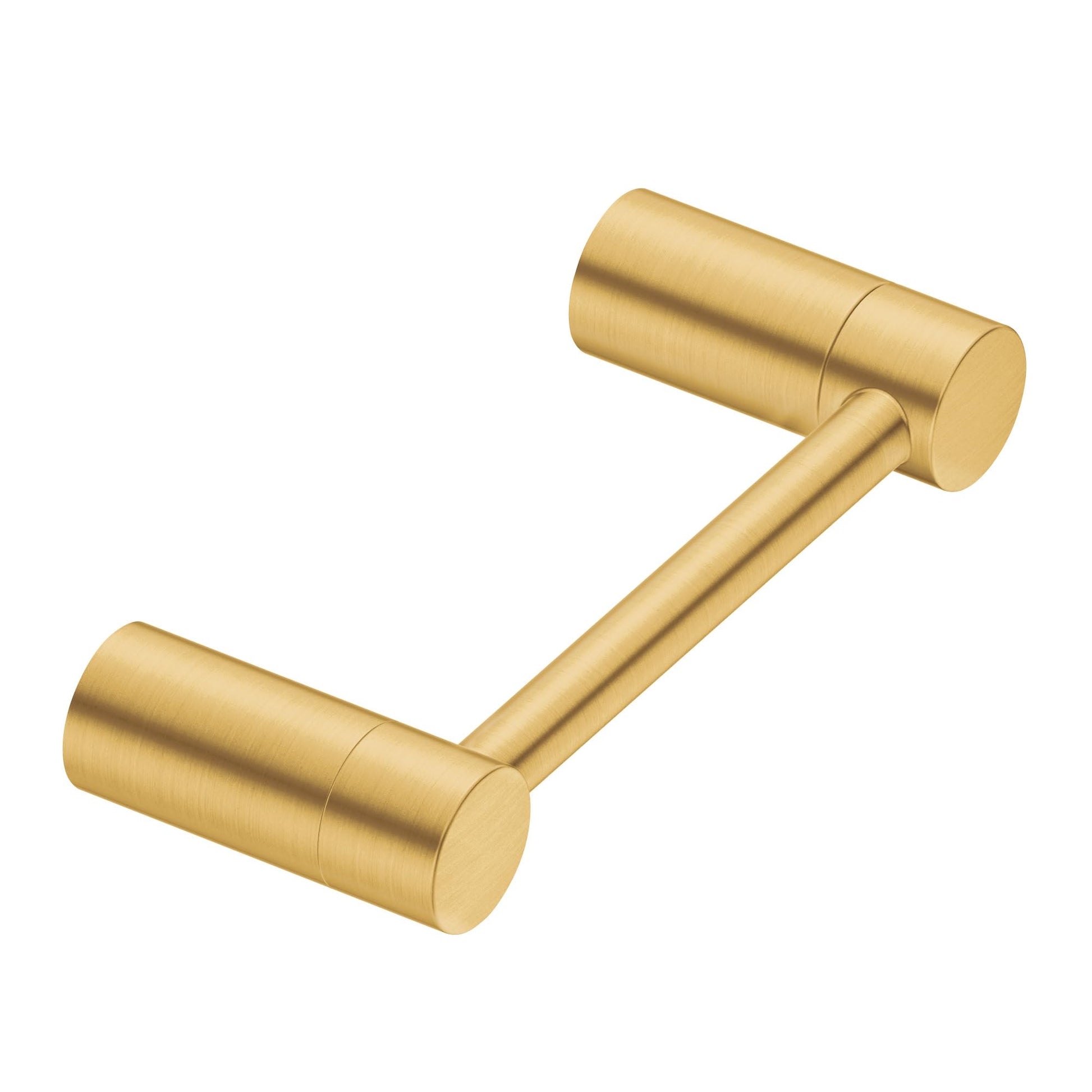 Brushed gold pivoting toilet paper holder with two cylindrical ends connected by an angled bar.