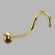 Polished brass wall-mounted shower arm with curved neck and round escutcheon plate.