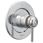 Chrome thermostatic shower valve trim with round escutcheon plate and single lever handle.
