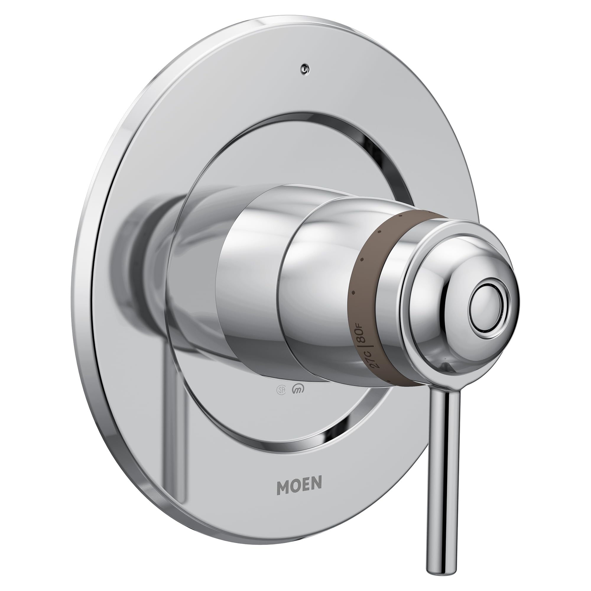 Chrome thermostatic shower valve trim with round escutcheon plate and single lever handle.