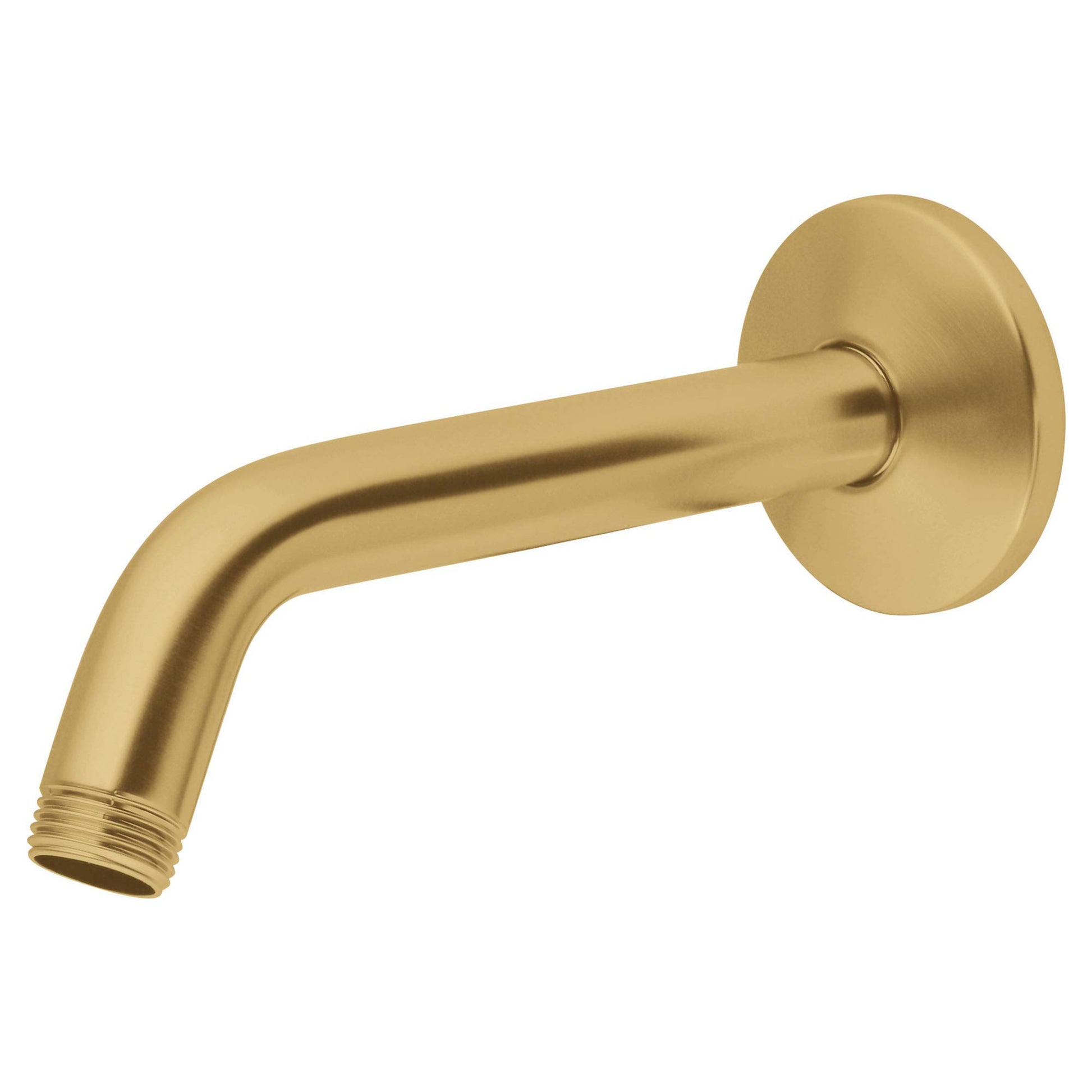 Brushed gold shower arm with curved spout and circular wall flange, threaded connection end.