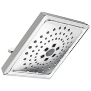 Square chrome shower head with multiple spray holes and center dial control, mounted at an angle.