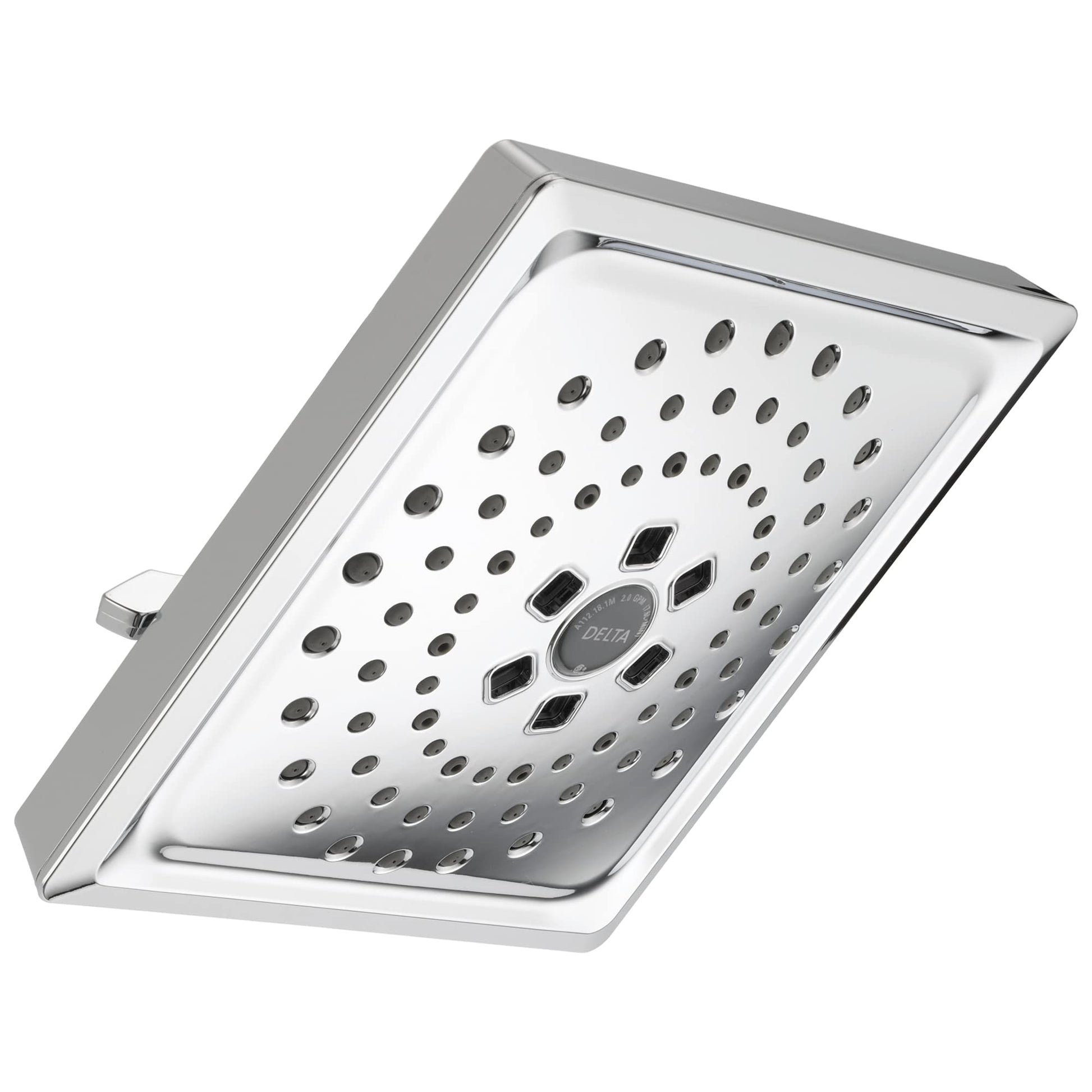 Square chrome shower head with multiple spray holes and center dial control, mounted at an angle.
