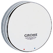 Chrome cover cap with Grohe logo, red and blue indicator dots on white face and grooved chrome rim.