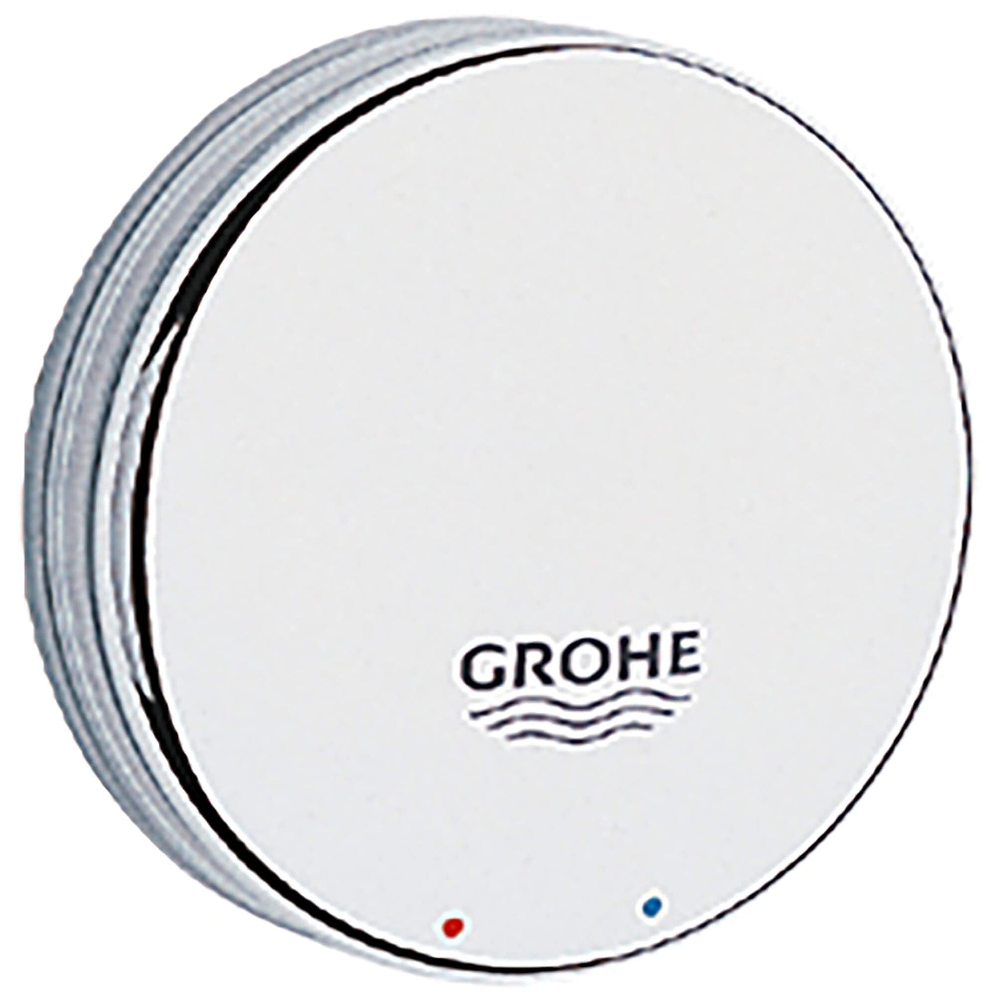 Chrome cover cap with Grohe logo, red and blue indicator dots on white face and grooved chrome rim.