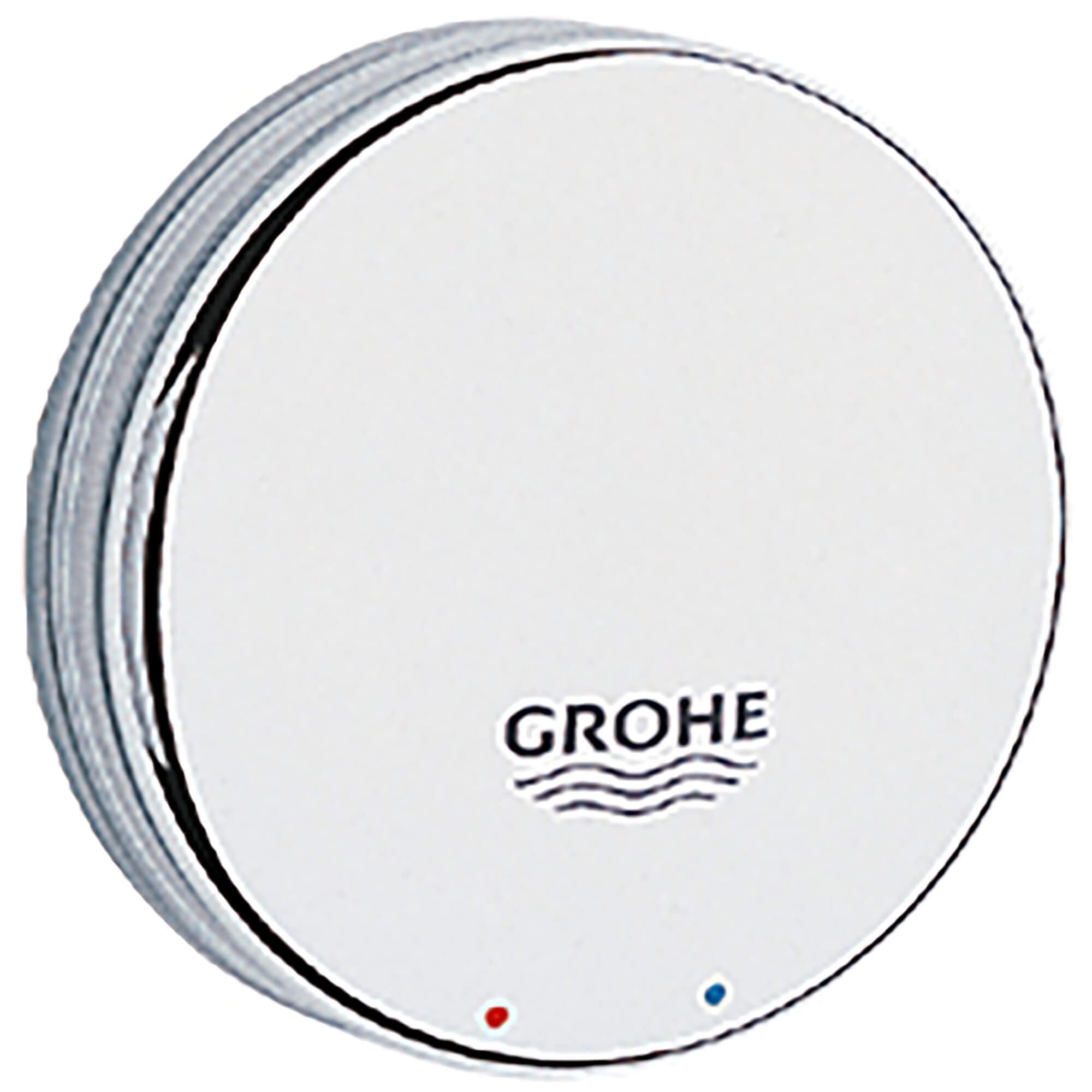Chrome cover cap with Grohe logo, red and blue indicator dots on white face and grooved chrome rim.