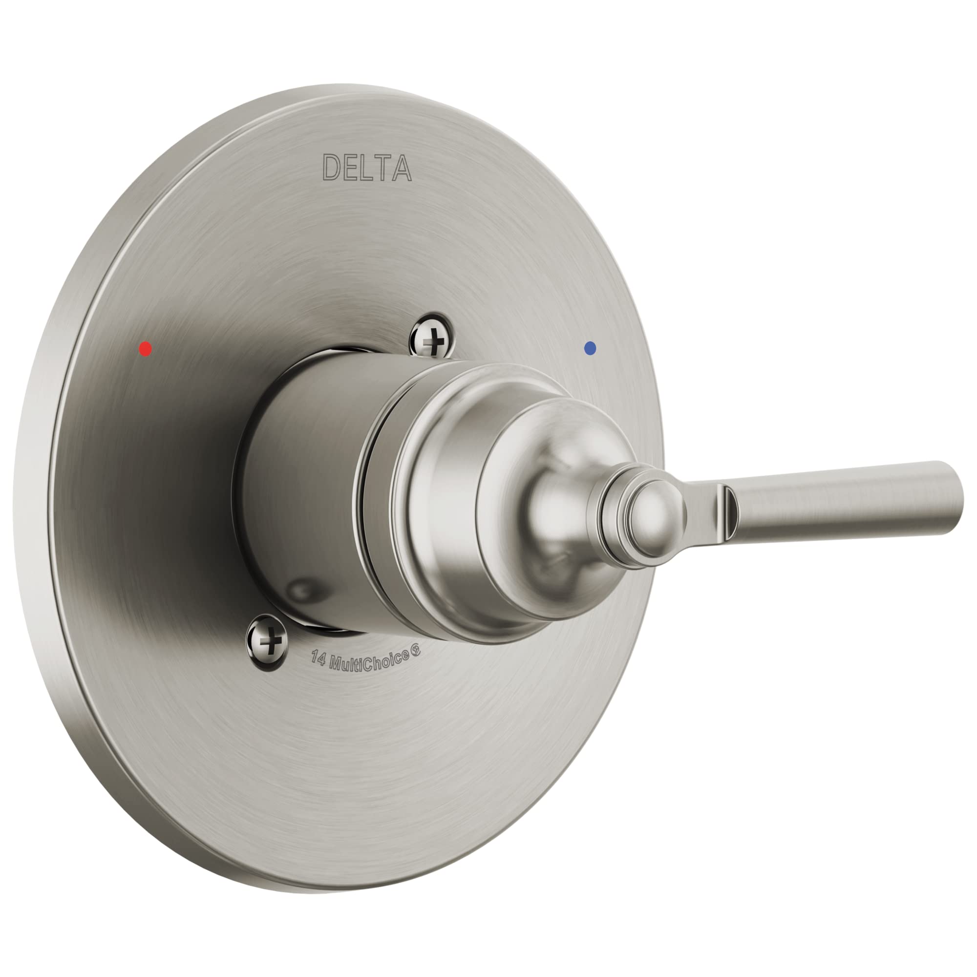 Brushed nickel Delta valve trim with round escutcheon plate, lever handle, and temperature indicator dots.