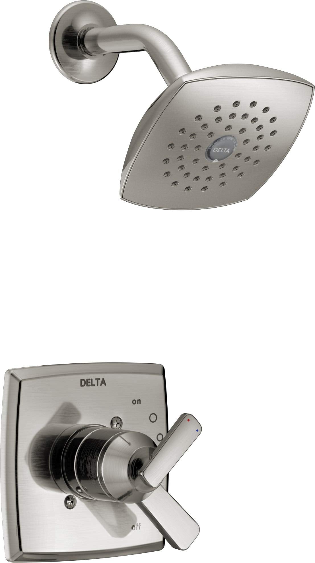 Brushed nickel shower trim with square showerhead and wall-mounted control valve with lever handle.