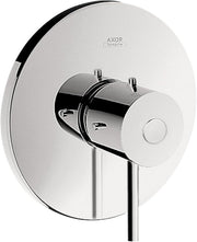 Chrome pressure balance shower trim with circular escutcheon plate, cylindrical valve body, and single lever handle.