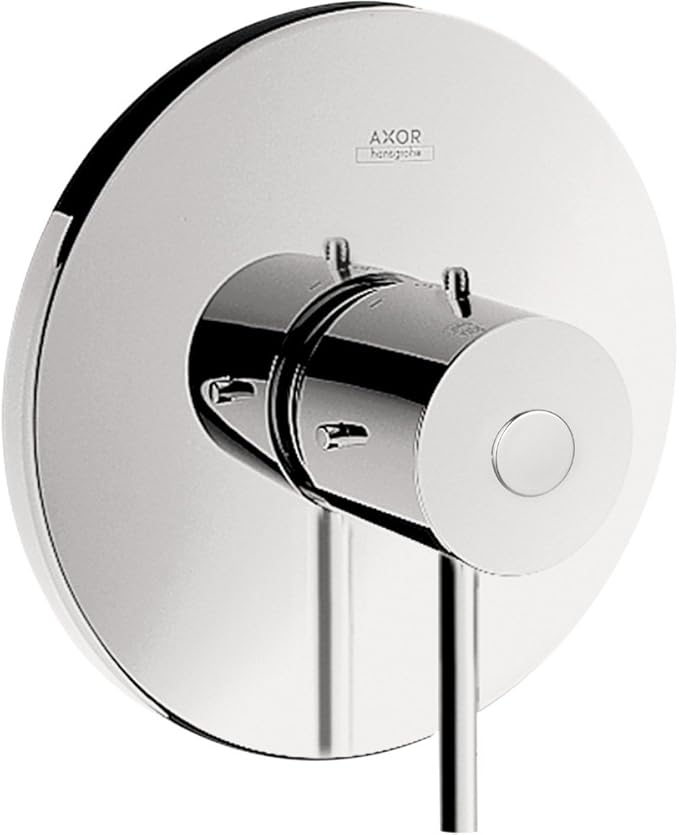 Chrome pressure balance shower trim with circular escutcheon plate, cylindrical valve body, and single lever handle.