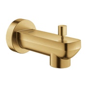Brushed gold tub spout with diverter and cylindrical wall mount base.