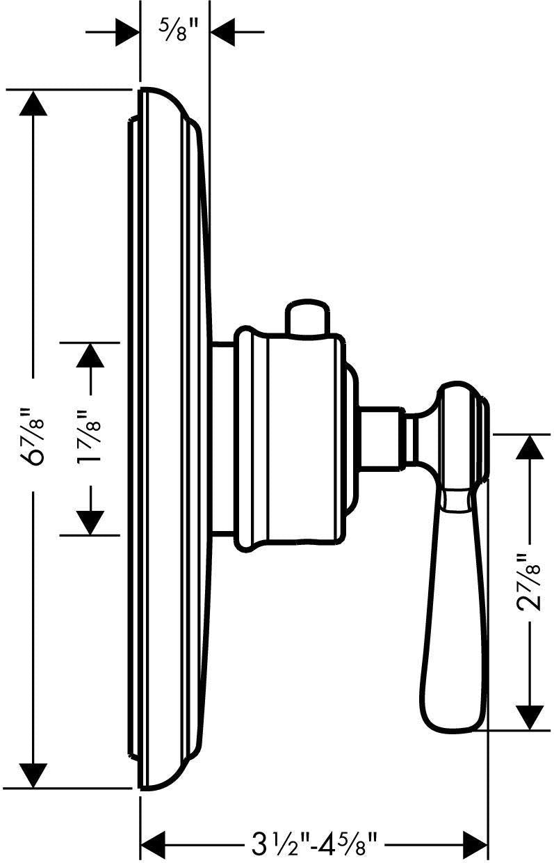Montreux thermostatic trim with lever handle and mounting dimensions shown in technical line drawing.