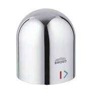 Chrome cap with rounded dome top, Grohe branding, and temperature indicator markings on front.