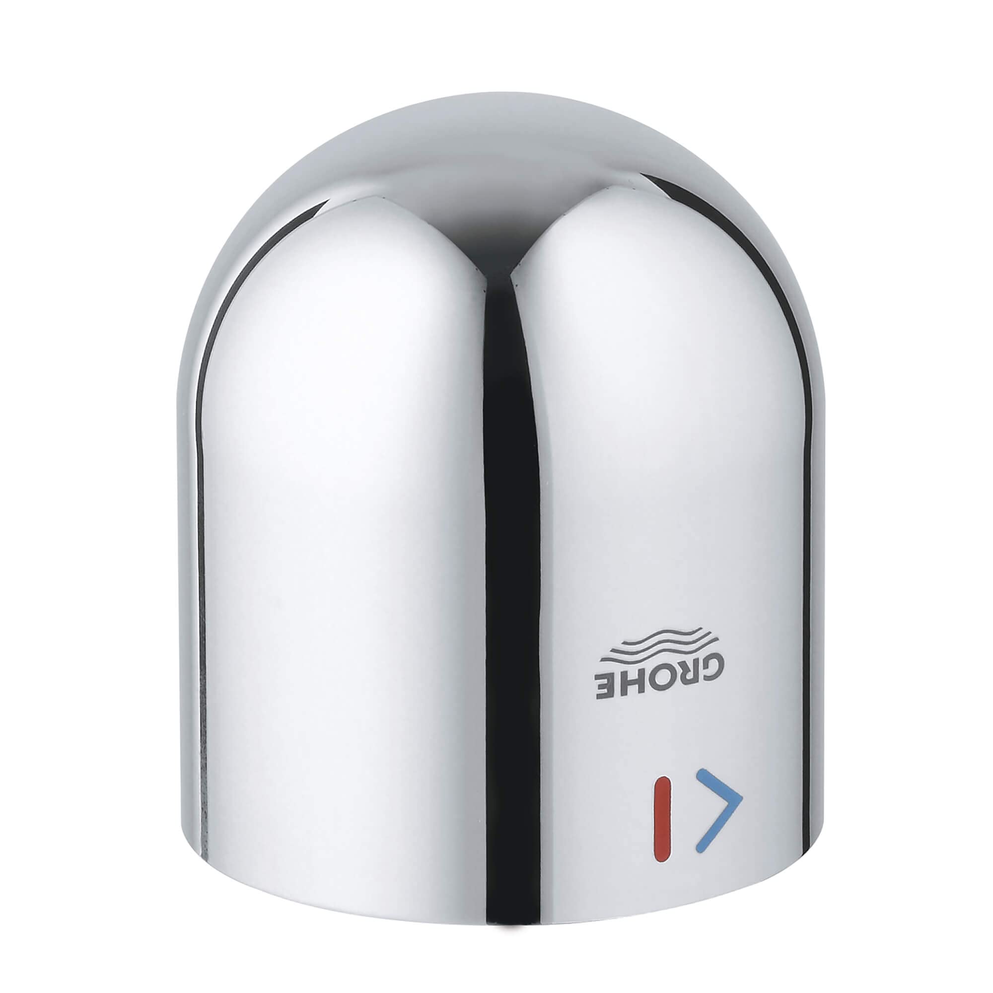 Chrome cap with rounded dome top, Grohe branding, and temperature indicator markings on front.