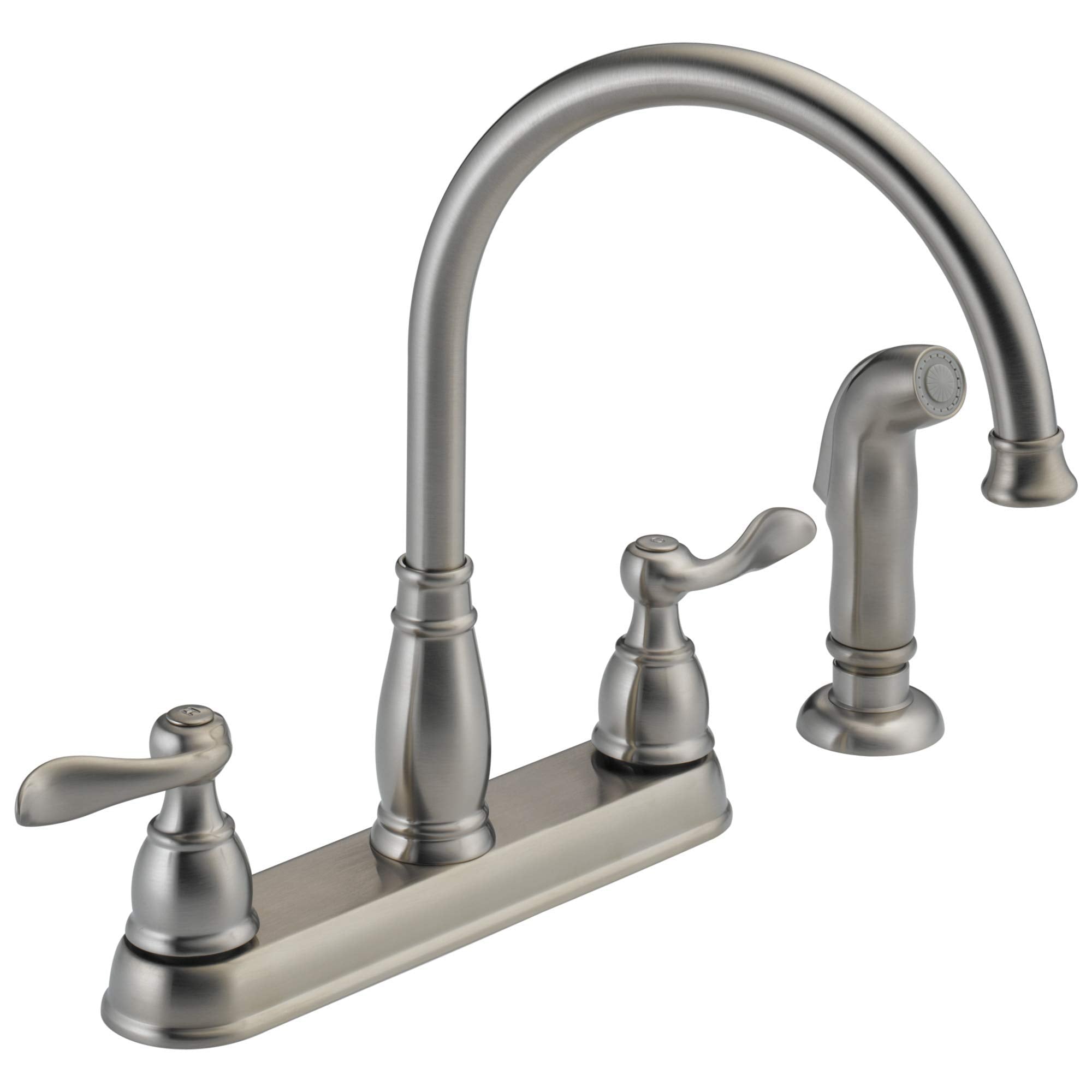 Brushed nickel two-handle kitchen faucet with high arching spout and separate spray attachment.