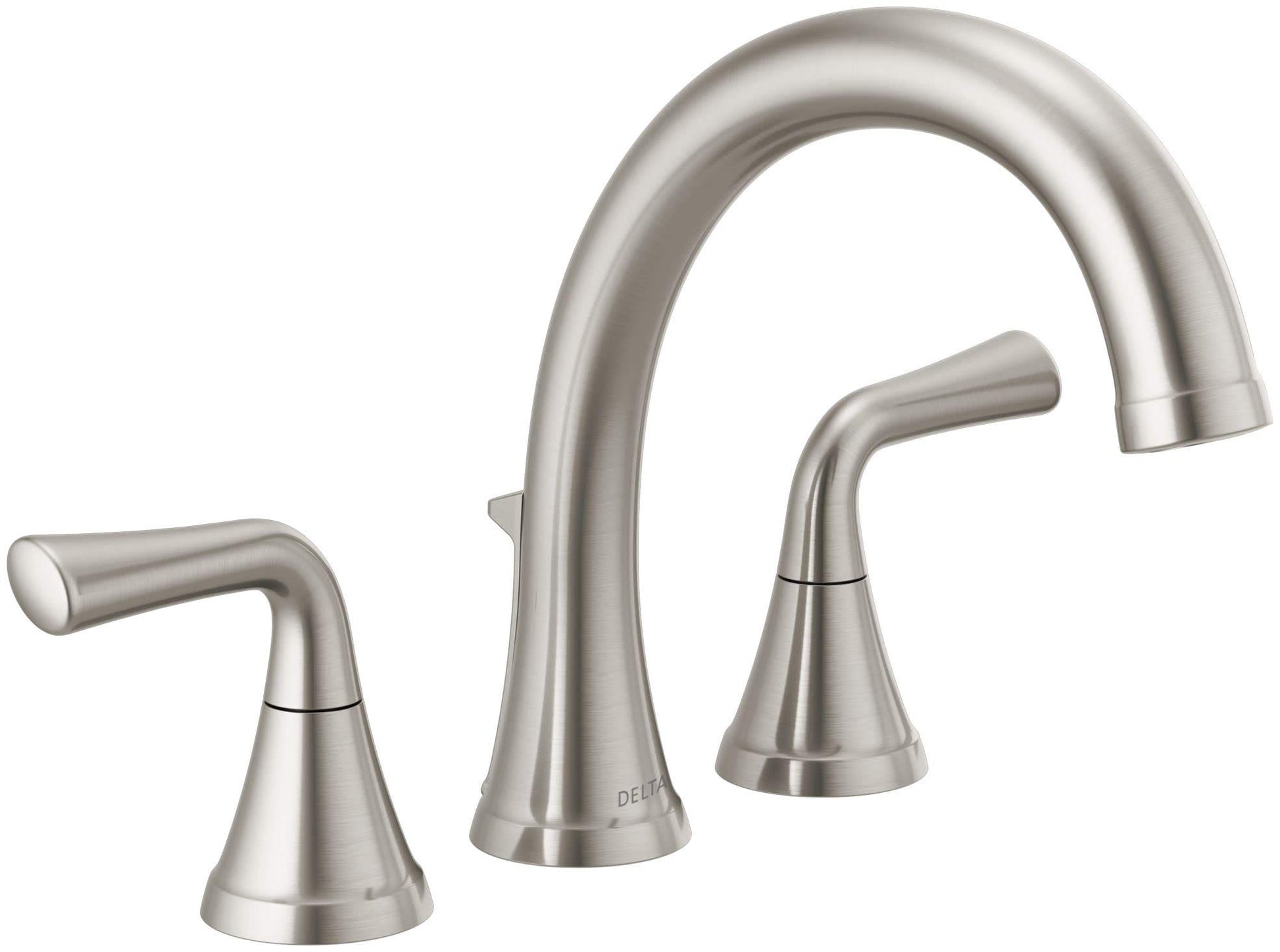 Brushed nickel three-piece roman tub faucet with arched spout and two lever handles.