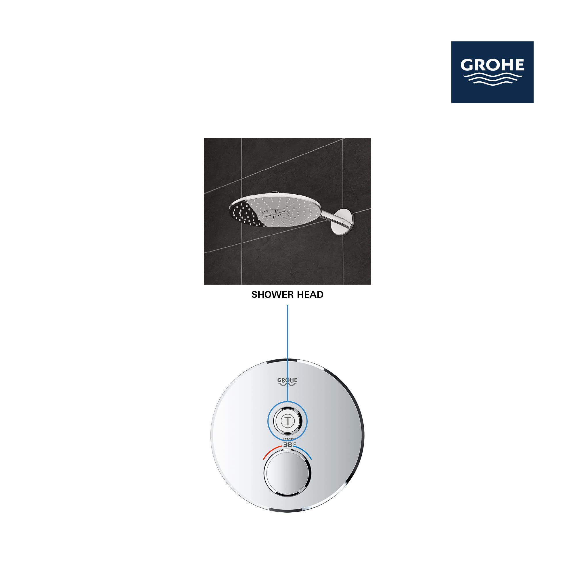 Matte black circular thermostatic valve trim with temperature control dial and selector button connected to overhead shower h