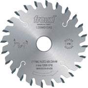 Freud 120mm conical scoring saw blade with dark gray teeth and center bore, marked with specifications and made in Italy.