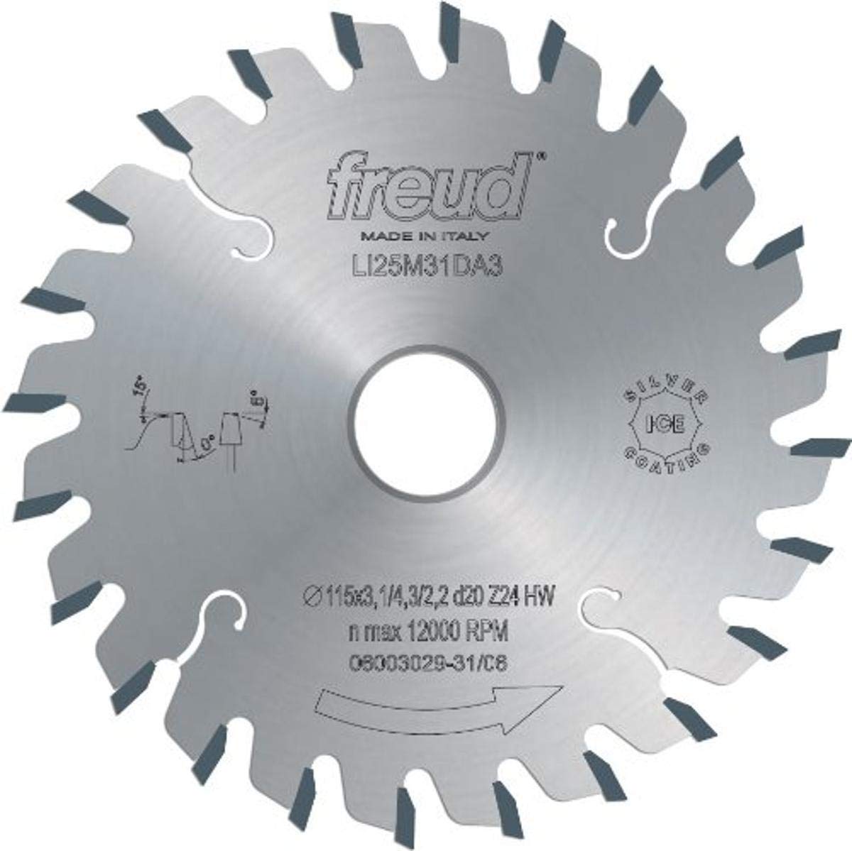Freud conical scoring saw blade with alternating tooth design and center bore, marked for 12000 RPM maximum speed.