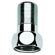 Chrome straight union fitting with threaded male connection on top and hexagonal nut base for plumbing applications.