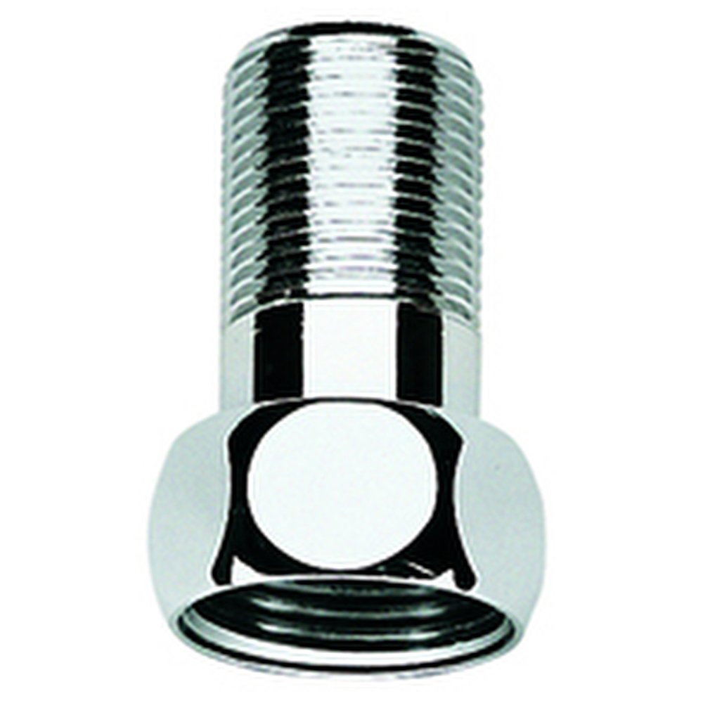 Chrome straight union fitting with threaded male connection on top and hexagonal nut base for plumbing applications.