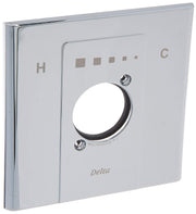Chrome-finish escutcheon plate with large circular opening and temperature control markings labeled H and C.