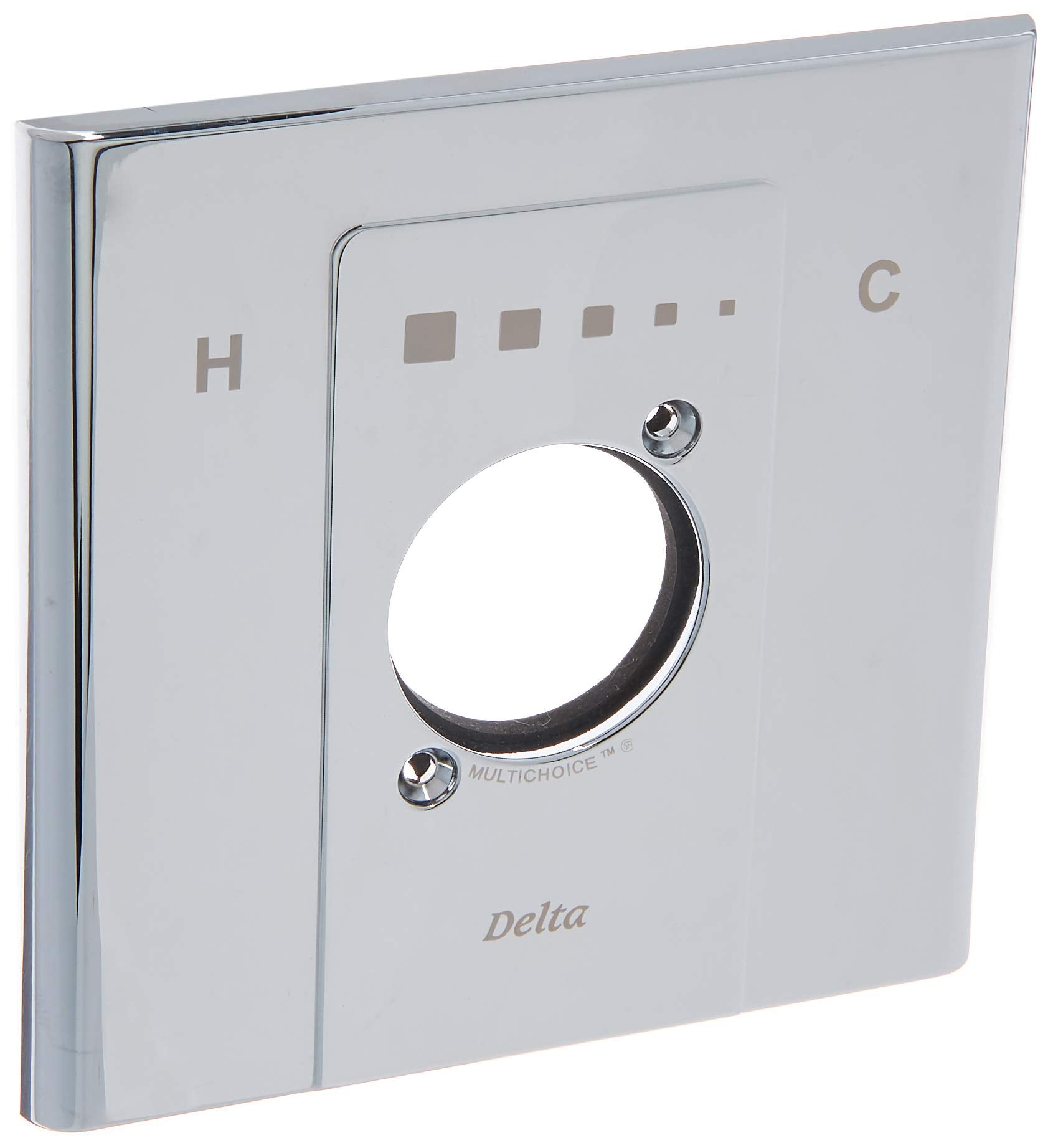 Chrome-finish escutcheon plate with large circular opening and temperature control markings labeled H and C.