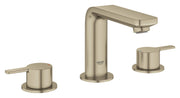 Grohe Lineare brushed nickel widespread bathroom faucet with tall center spout and two lever handles.