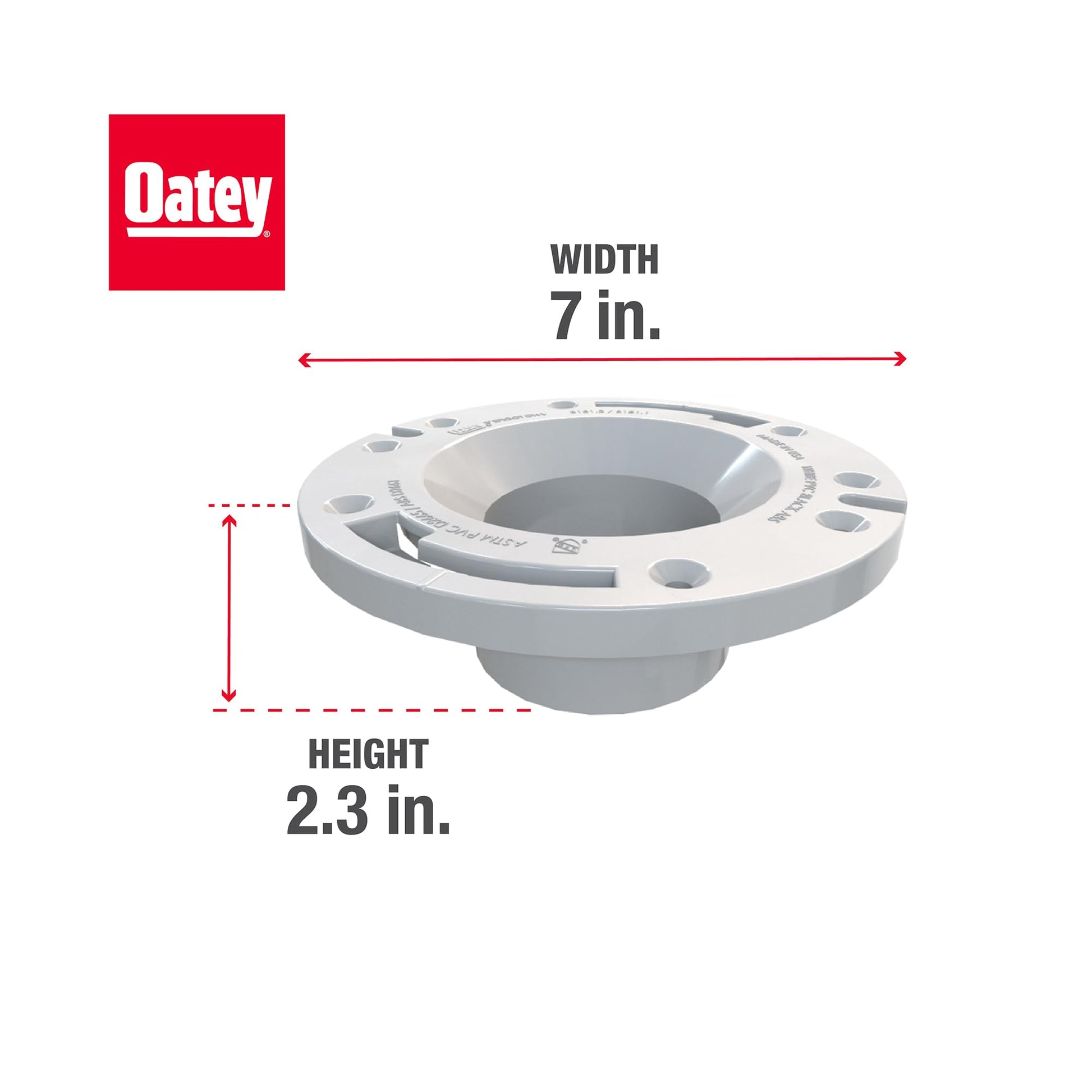 White PVC closet flange with plastic ring, 7 inches wide and 2.3 inches tall, with mounting holes around the perimeter.