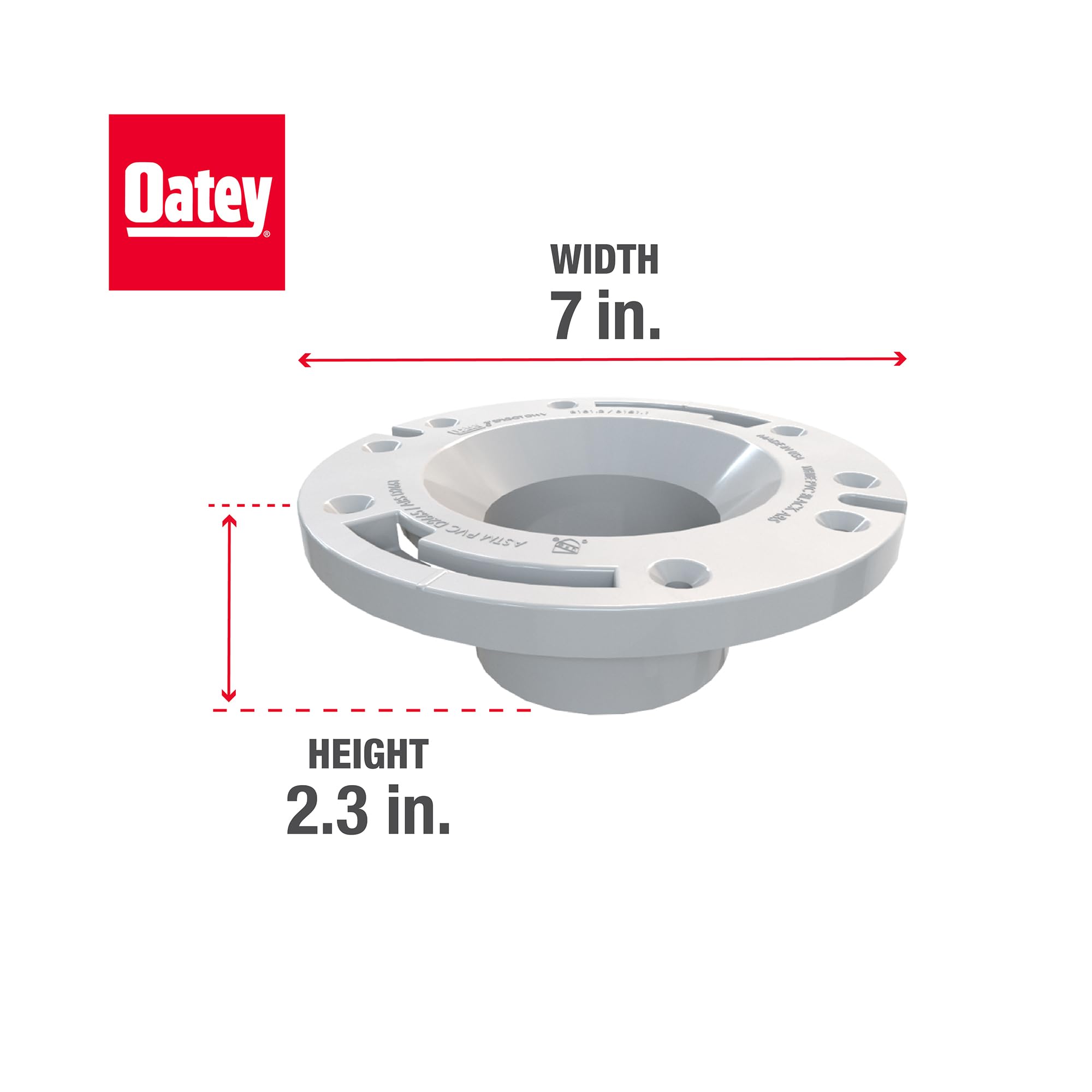 White PVC closet flange with plastic ring, 7 inches wide and 2.3 inches tall, with mounting holes around the perimeter.