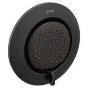 Matte black round body spray with multiple spray jets and control lever on circular trim ring.