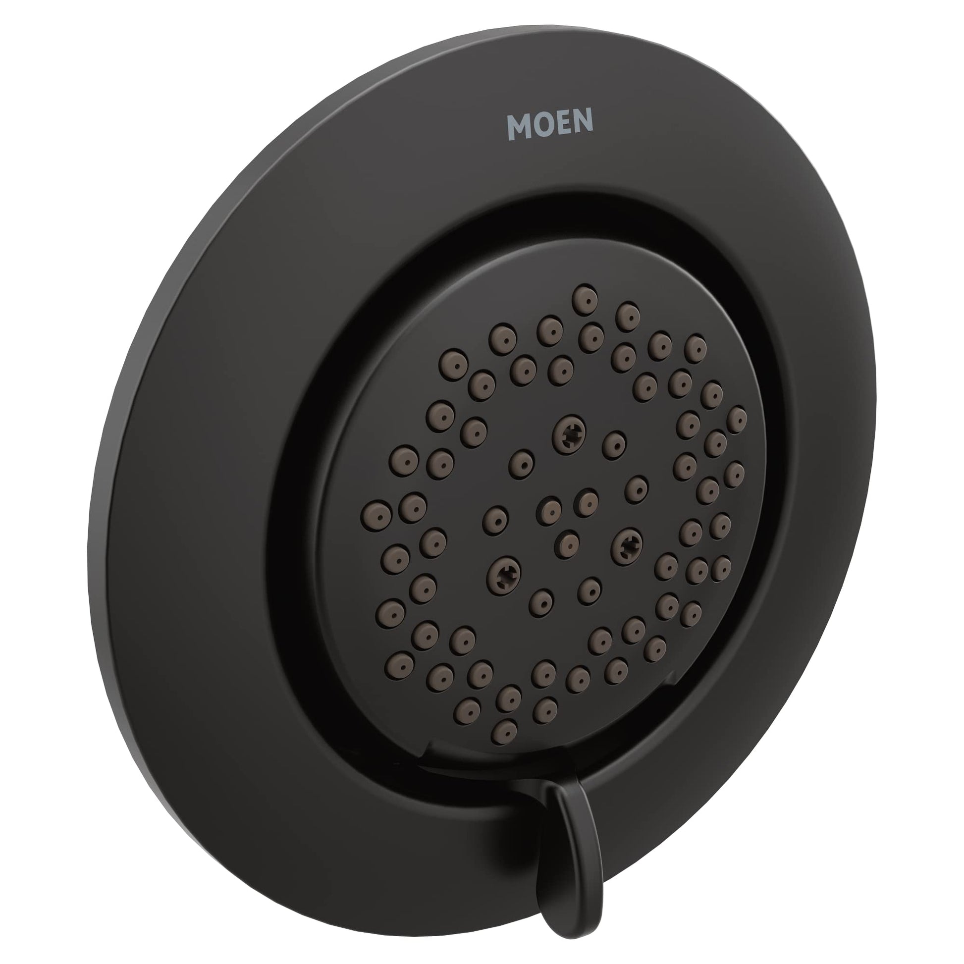 Matte black round body spray with multiple spray jets and control lever on circular trim ring.