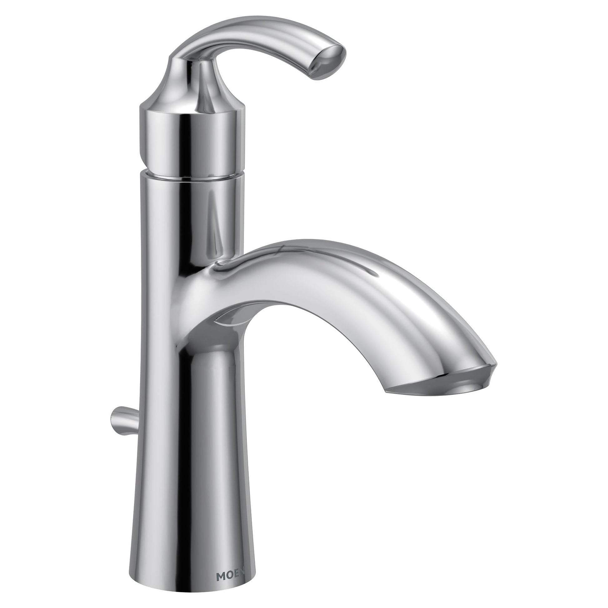 Chrome bathroom sink faucet with single curved handle and arching spout.